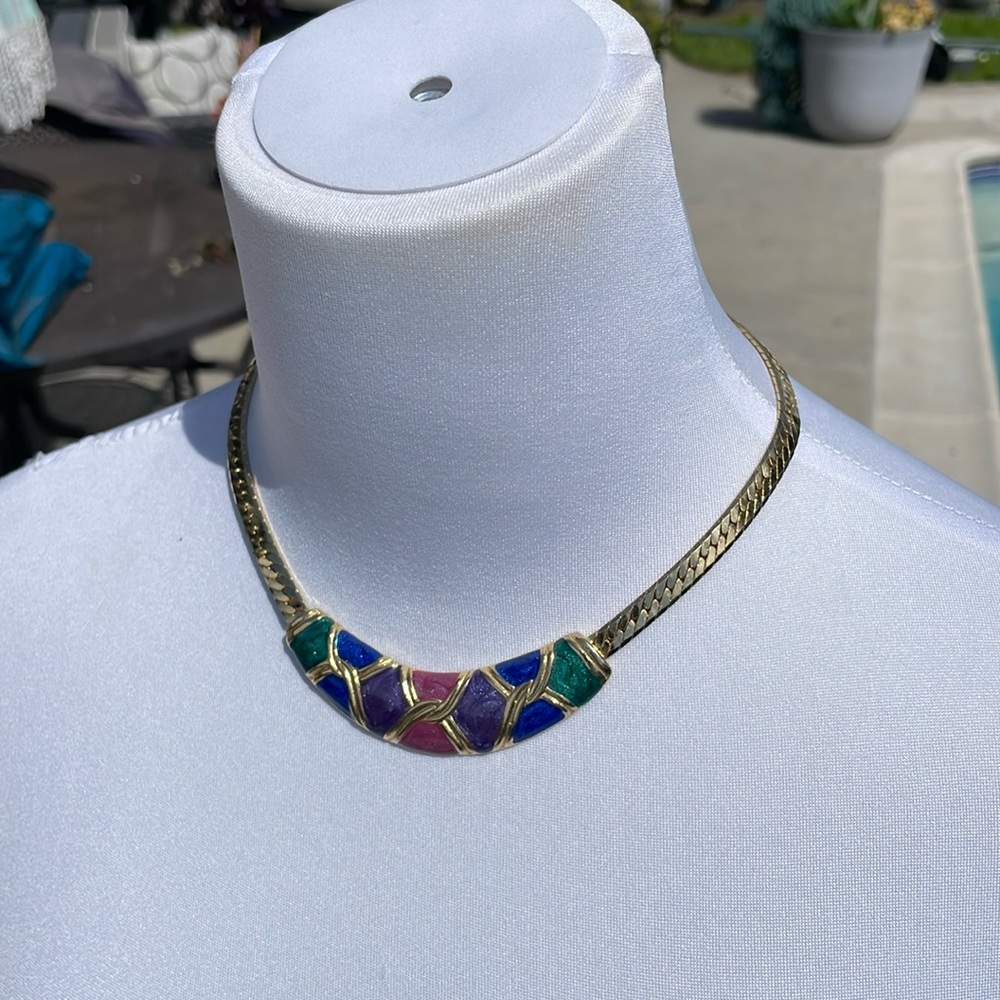 Thick gold chocker with colorful inlay / green, blue, purple